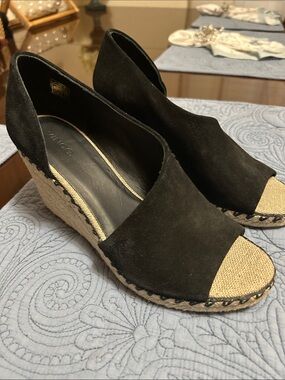 Vince Black Suede Espadrille Wedge Sandals with Natural Jute Toe